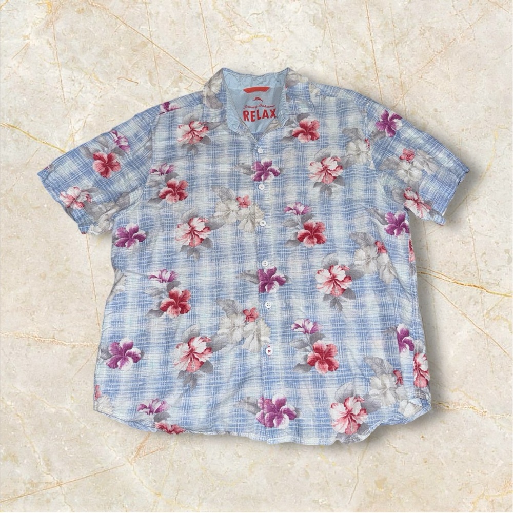 Tommy Bahama Relax Floral Print Linen Blend Short Sleeve Shirt Large Aloha Beach